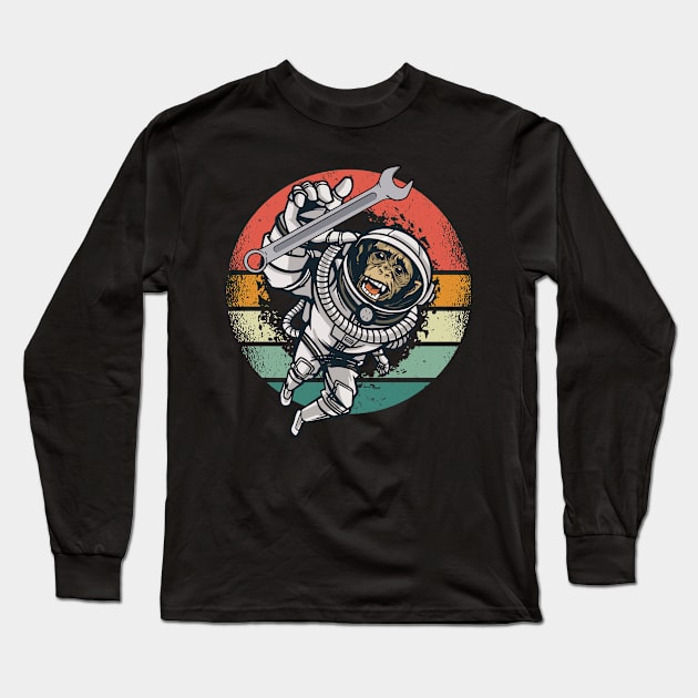 Vintage Space Monkey and Wrench in Orbit Long Sleeve T-Shirt by Graphic Duster